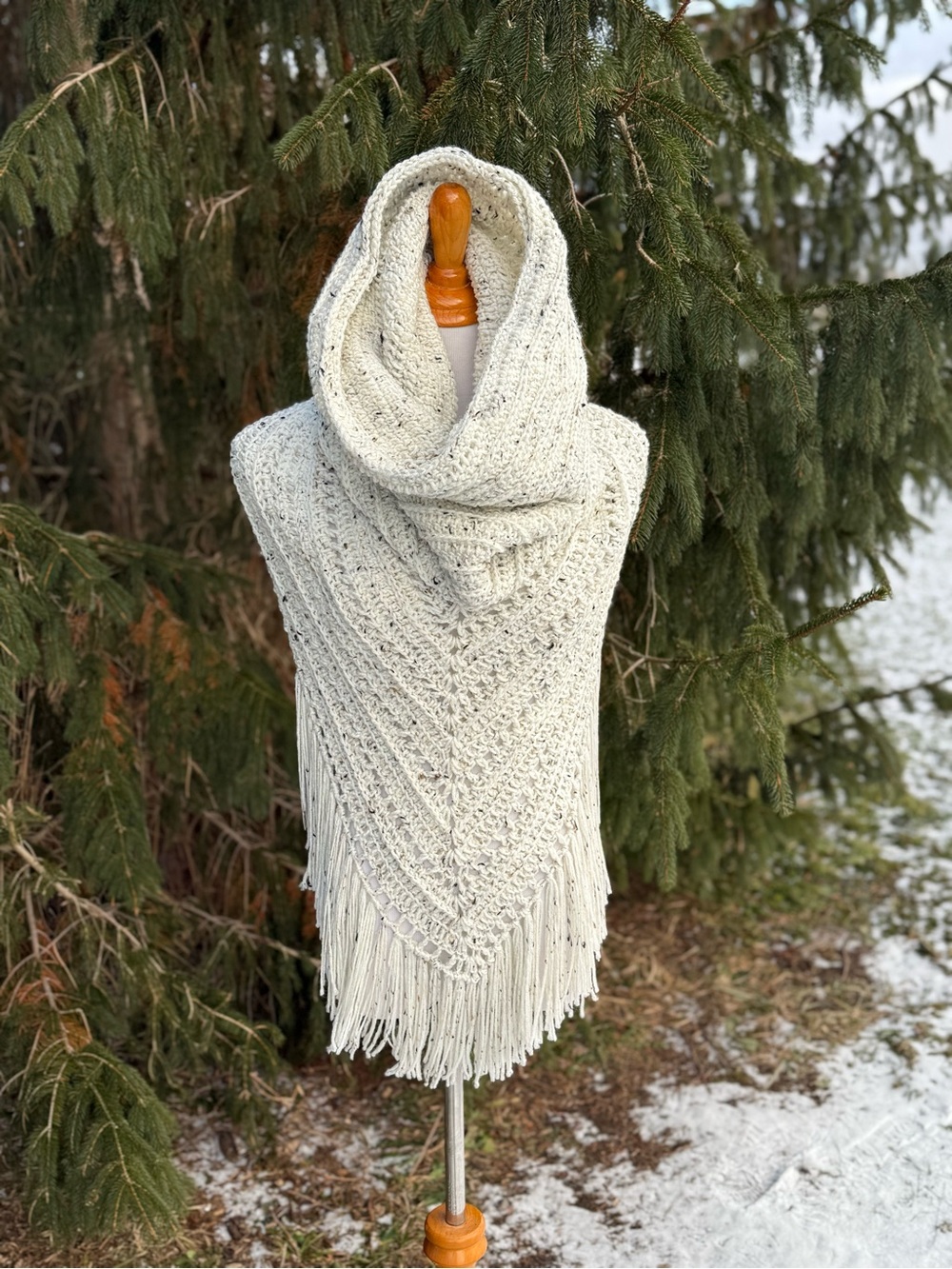 Cream/Tweed Crochet Wild Oleander Hooded/Cowl Scarf